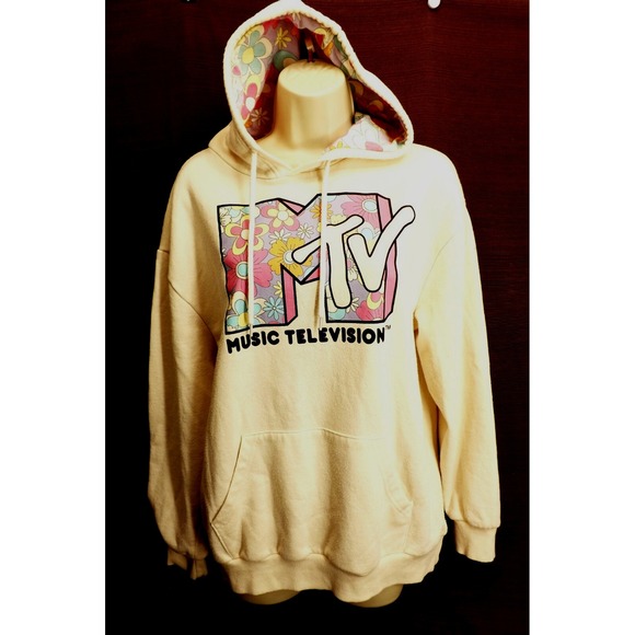 Viacom Tops - MTV Women's Pullover Cream Hoodie floral Hood - Size Medium Long sleeves